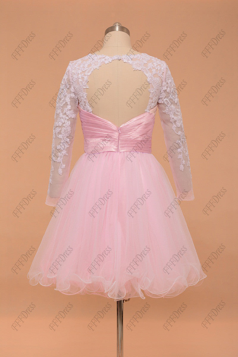 Backless Pink white short prom dresses long sleeves