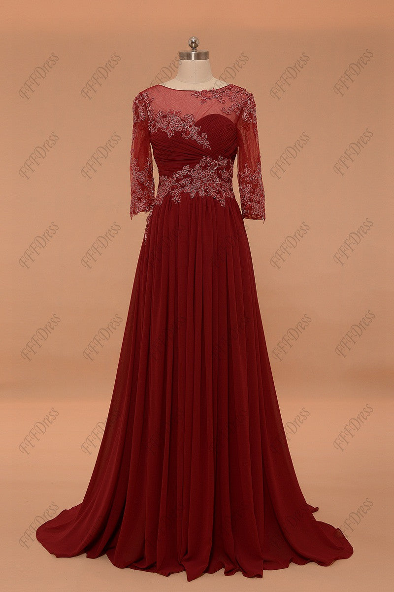 Burgundy modest mother of the bride dress with sleeves