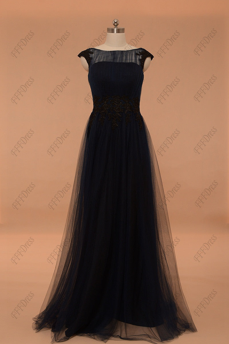 Navy blue long prom dresses with capped sleeves