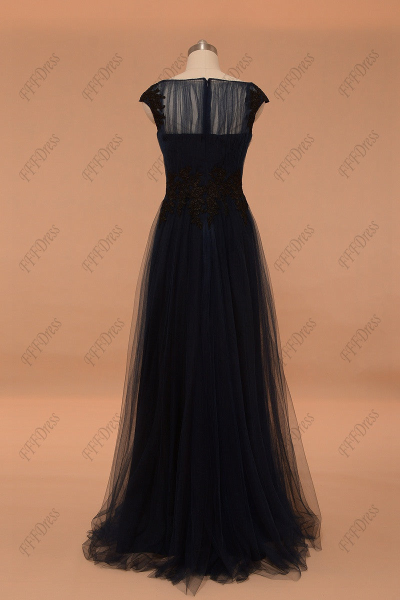 Navy blue long prom dresses with capped sleeves