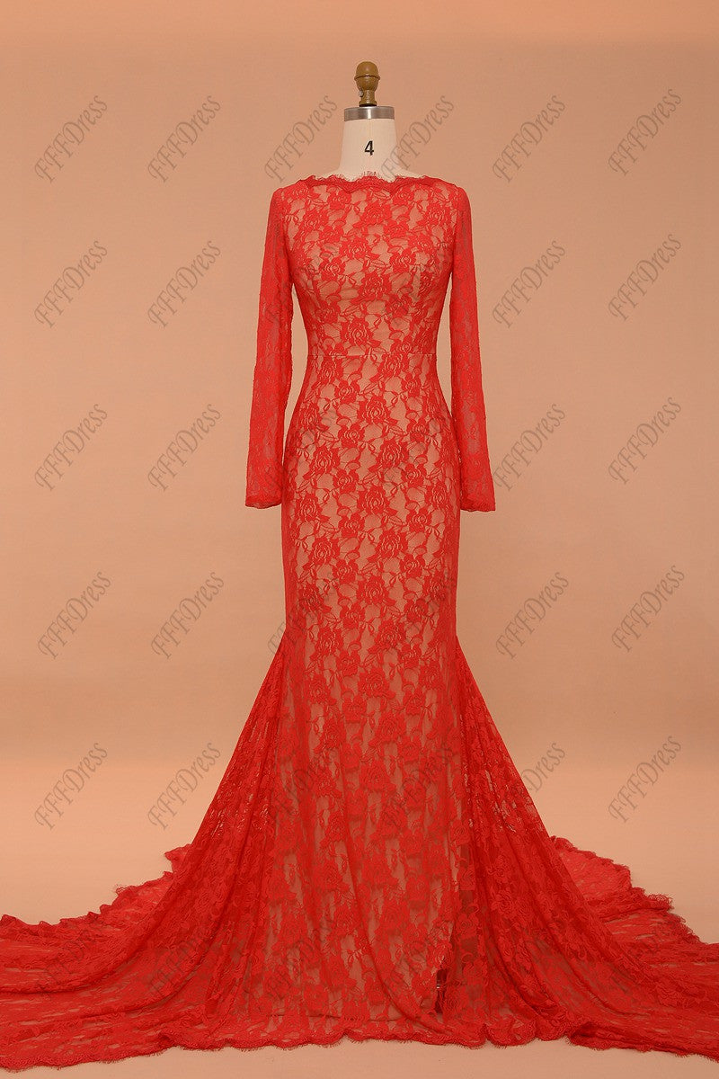 Red lace backless prom dresses long sleeves