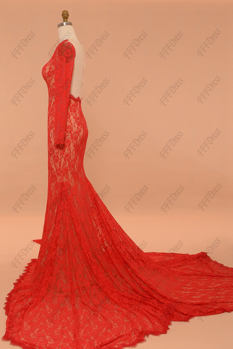 Red lace backless prom dresses long sleeves