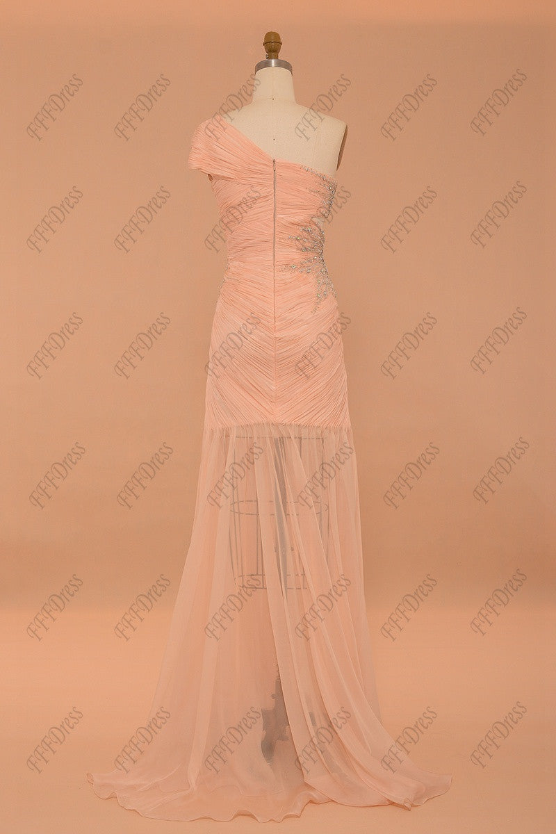 Peach cut out sparkly prom dresses with slit