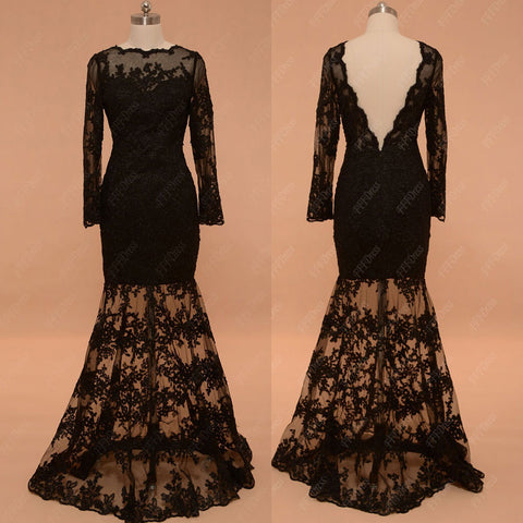 Backless black lace mermaid prom dresses long sleeves