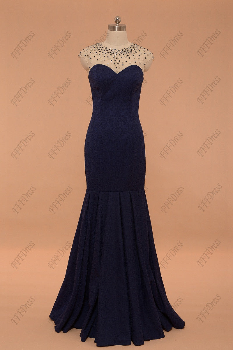Sparkly crystals navy blue modest mermaid prom dresses long