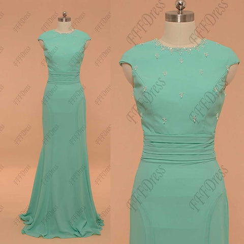 Modest mermaid mint green prom dress with sparkly crystals