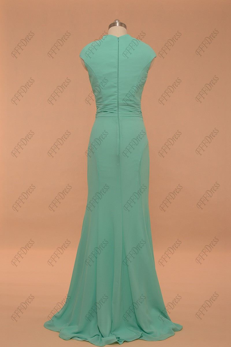 Modest mermaid mint green prom dress with sparkly crystals
