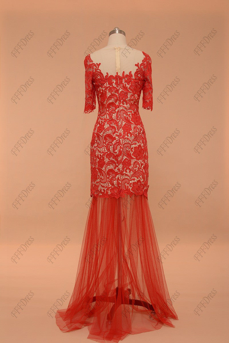 Two piece red lace short prom dresses with sleeves
