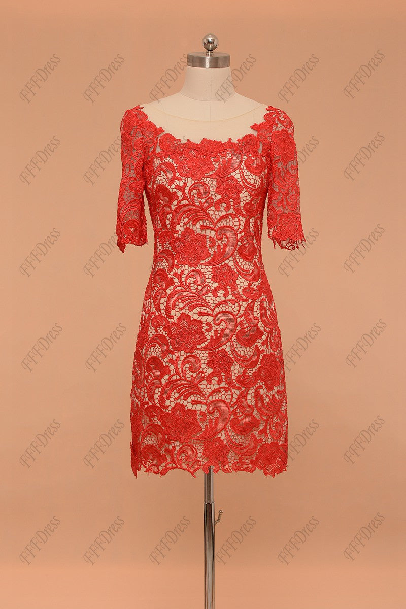 Two piece red lace short prom dresses with sleeves