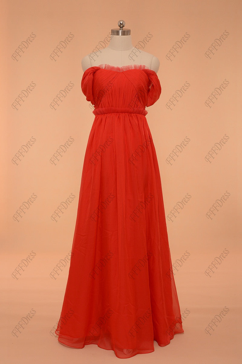 Off the shoulder red prom dresses with ruffed neck and waist