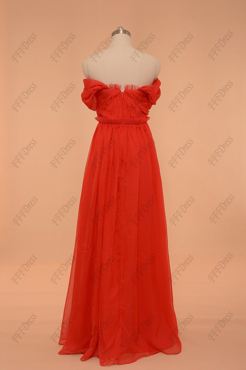 Off the shoulder red prom dresses with ruffed neck and waist