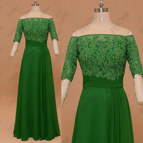 Emerald green off the shoulder prom dresses with sleeves