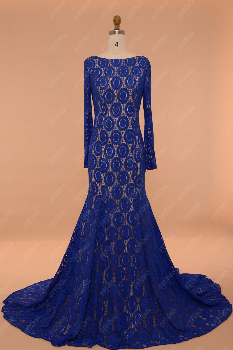 Backless prom dresses long sleeves mermaid royal blue lace pageant dress