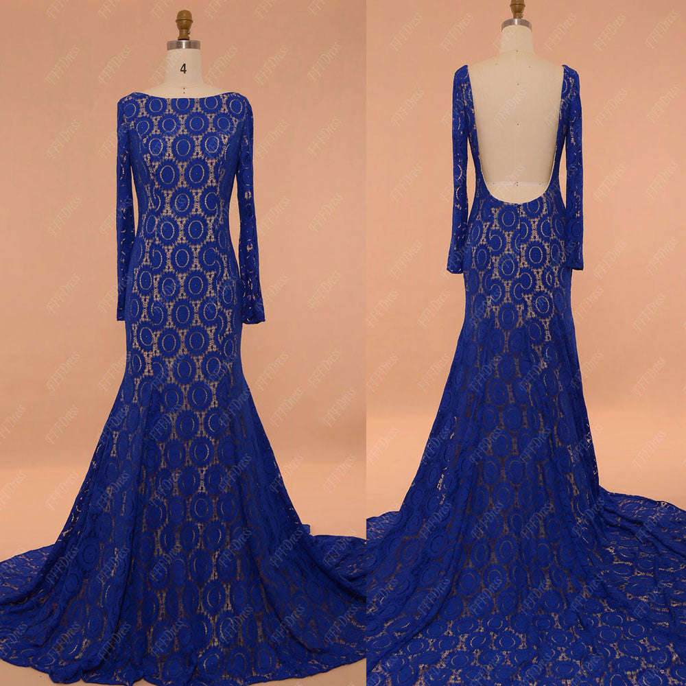 Backless prom dresses long sleeves mermaid royal blue lace pageant dress