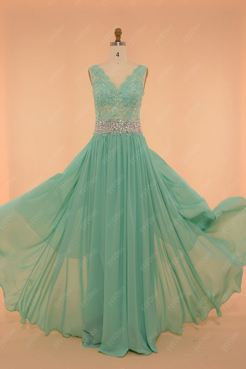 Mint green backless prom dresses lace sparkly pageant dresses