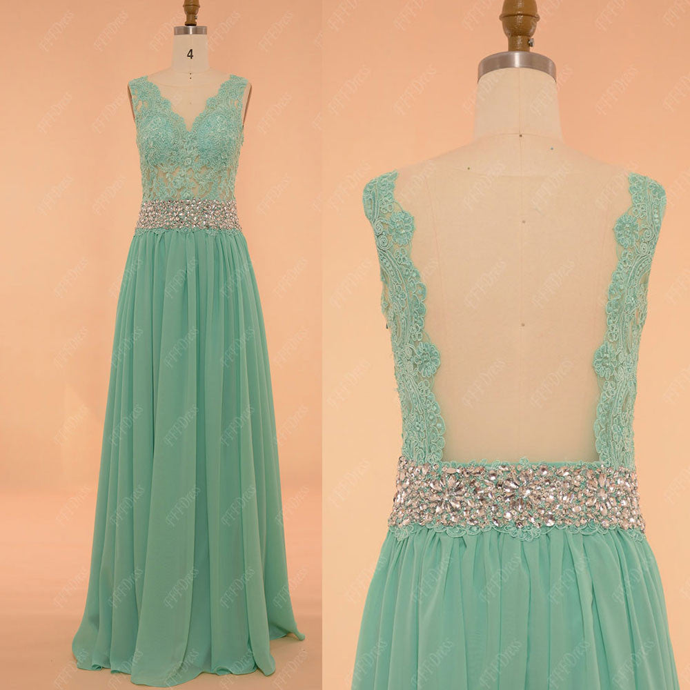 Mint green backless prom dresses lace sparkly pageant dresses