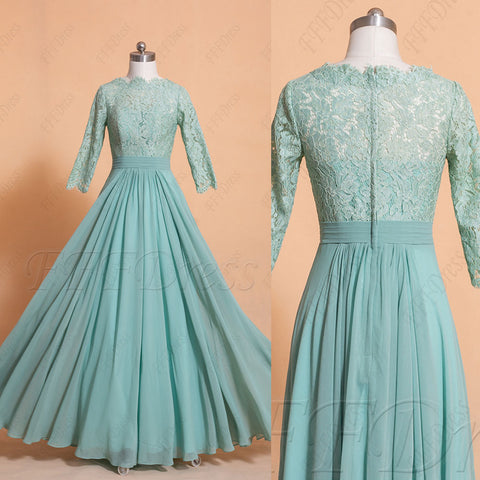 Dusty Green Modest Lace Bridesmaid Dress three quarter sleeves