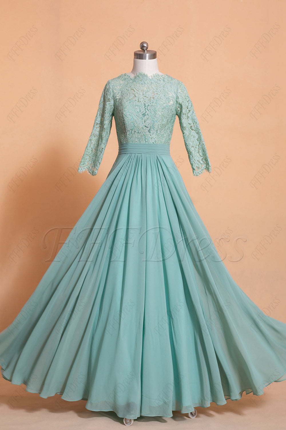 Dusty Green Modest Lace Bridesmaid Dress three quarter sleeves
