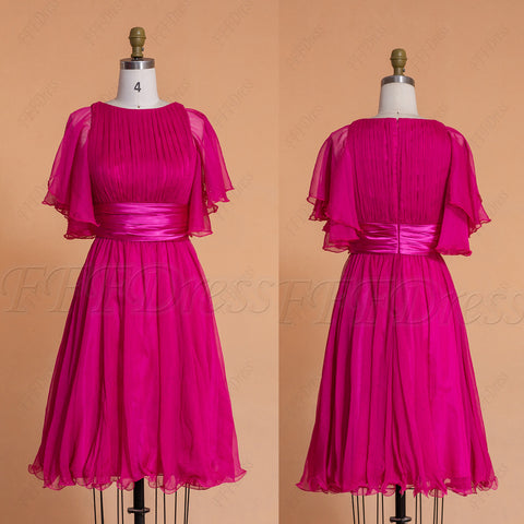 Hot Pink Modest MIdi Bridesmaid Dresses with Short Sleeves