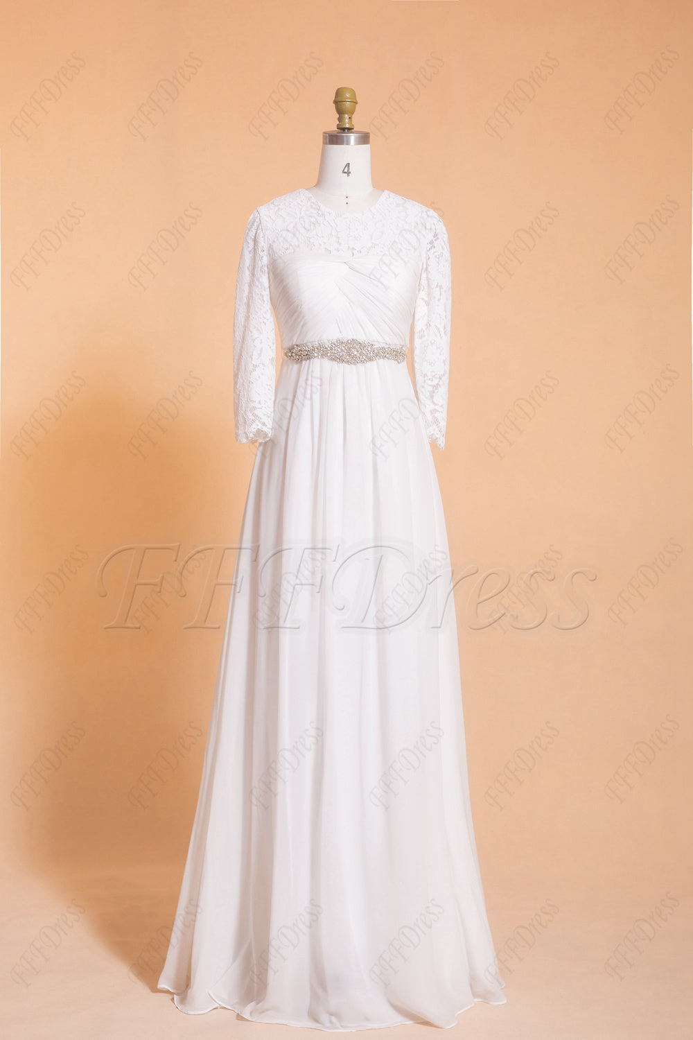 Chiffon beach wedding dresses long sleeves with waistband