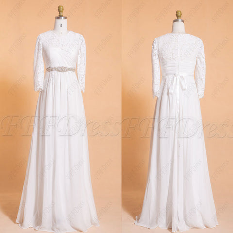 Chiffon beach wedding dresses long sleeves with waistband