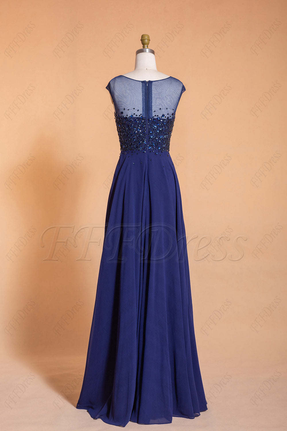 Beaded Modest Sparkly Navy Prom Dresses Long Cap Sleeves