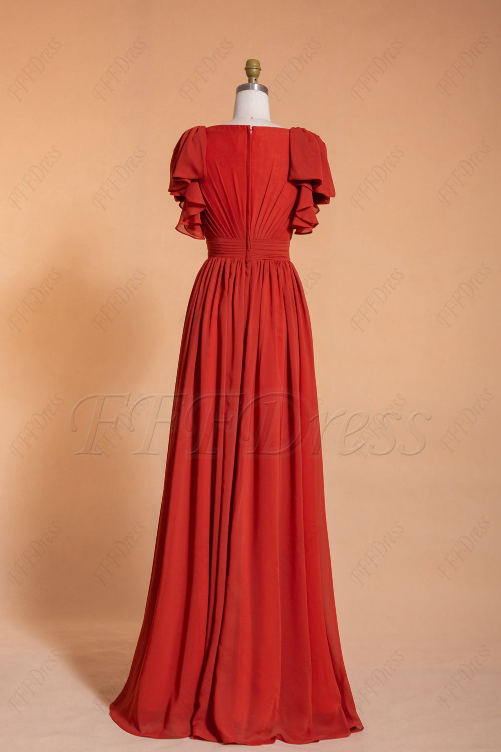 Rusted red modest long bridesmaid dresses
