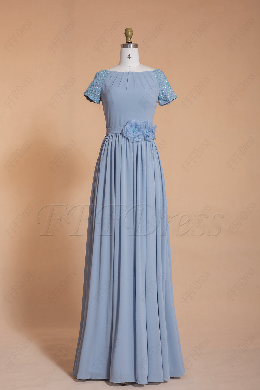 Dusty blue modest beaded long bridesmaid dresses