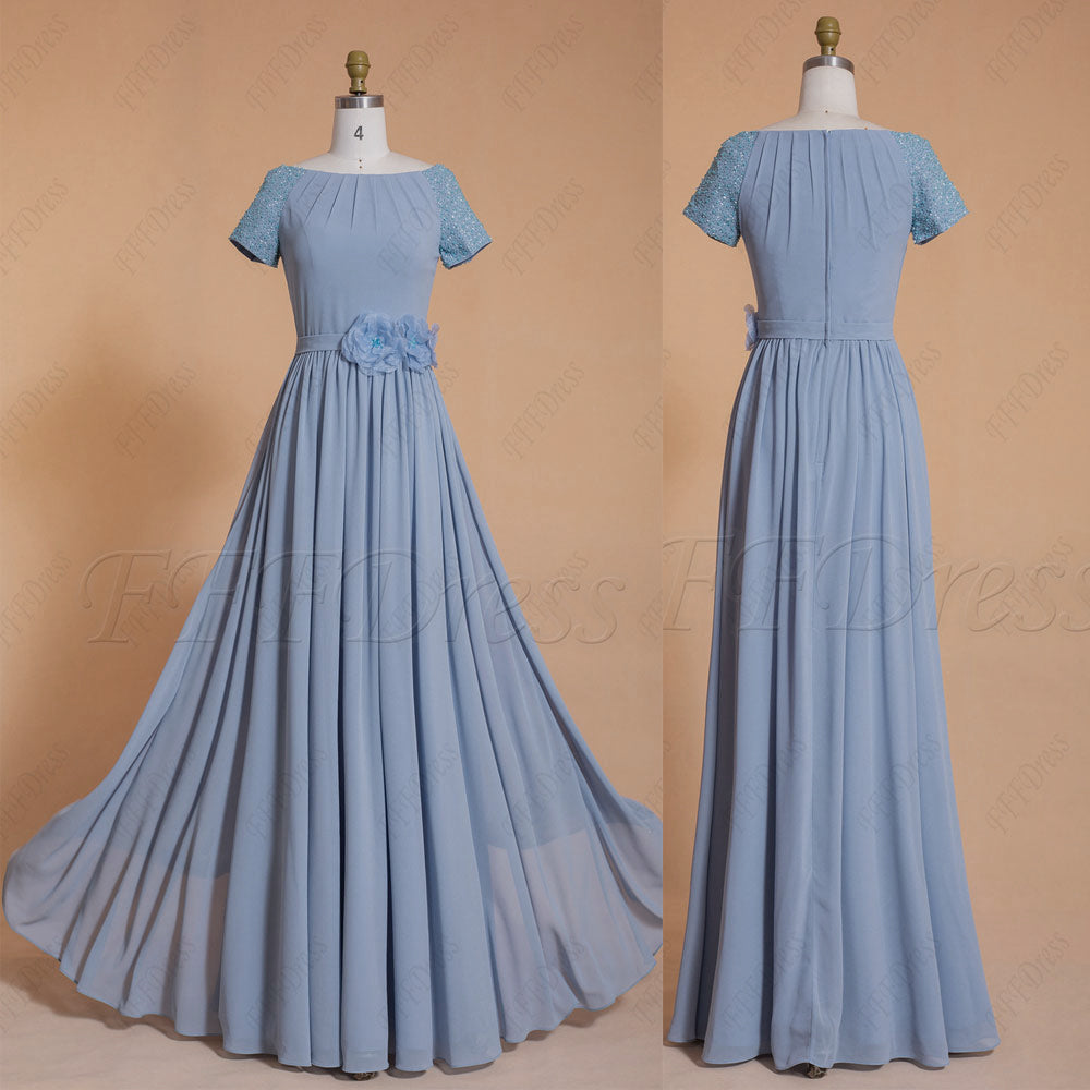 Dusty blue modest beaded long bridesmaid dresses