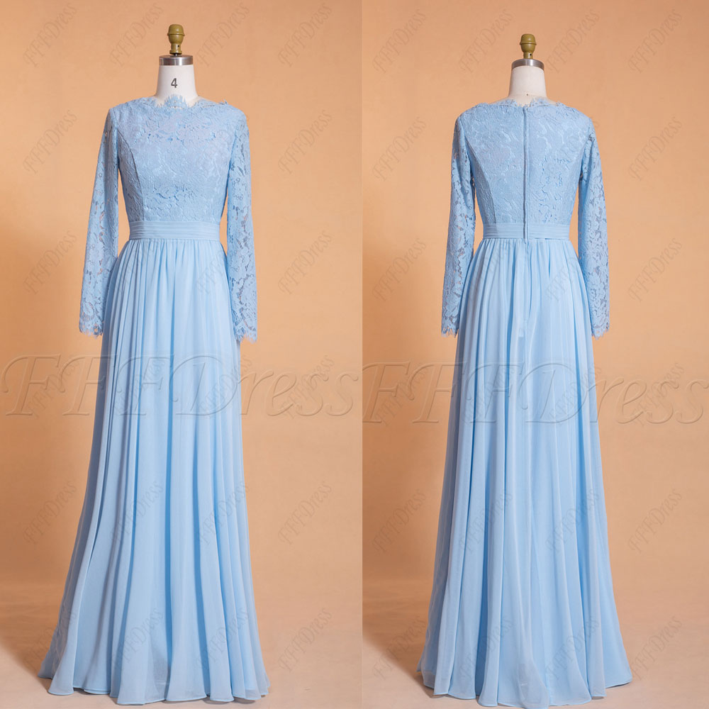 Light blue modest bridesmaid dresses long sleeves
