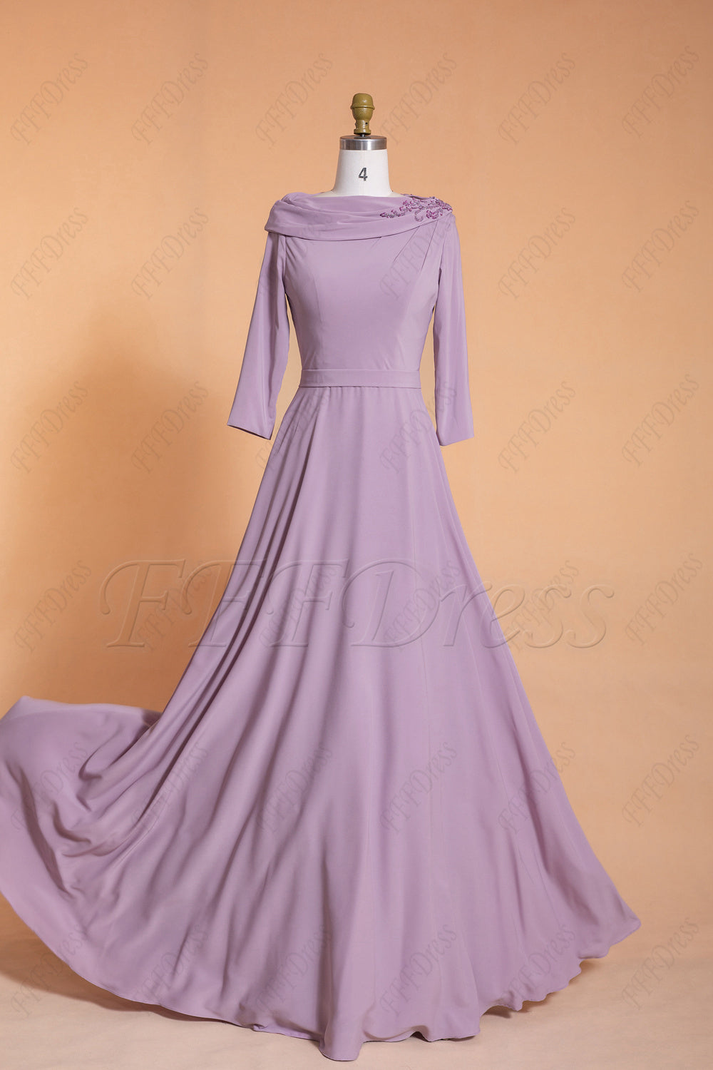 Light wisteria modest bridesmaid dresses with sleeves