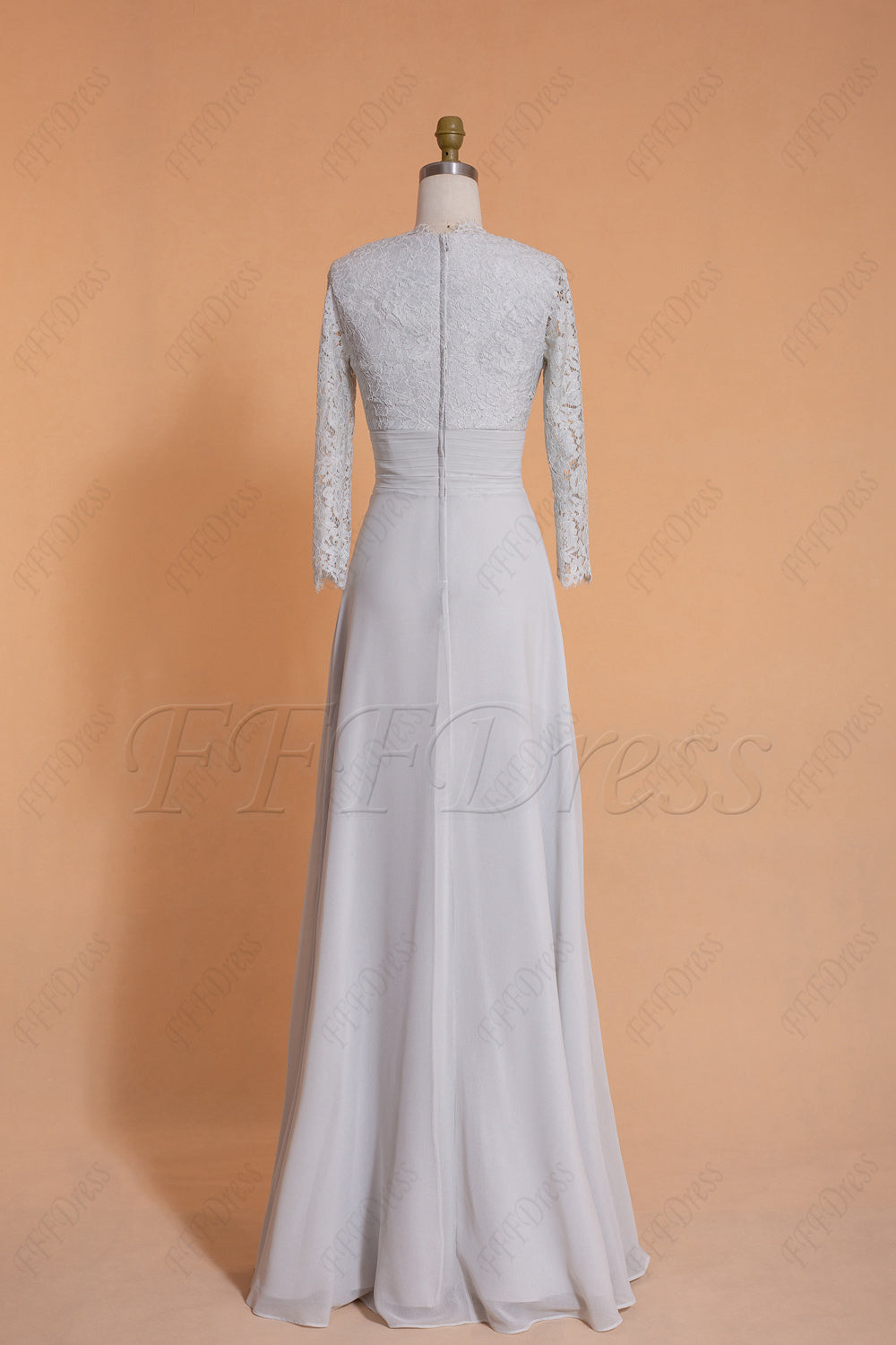 Silver grey modest bridesmaid dresses three quarter sleeves