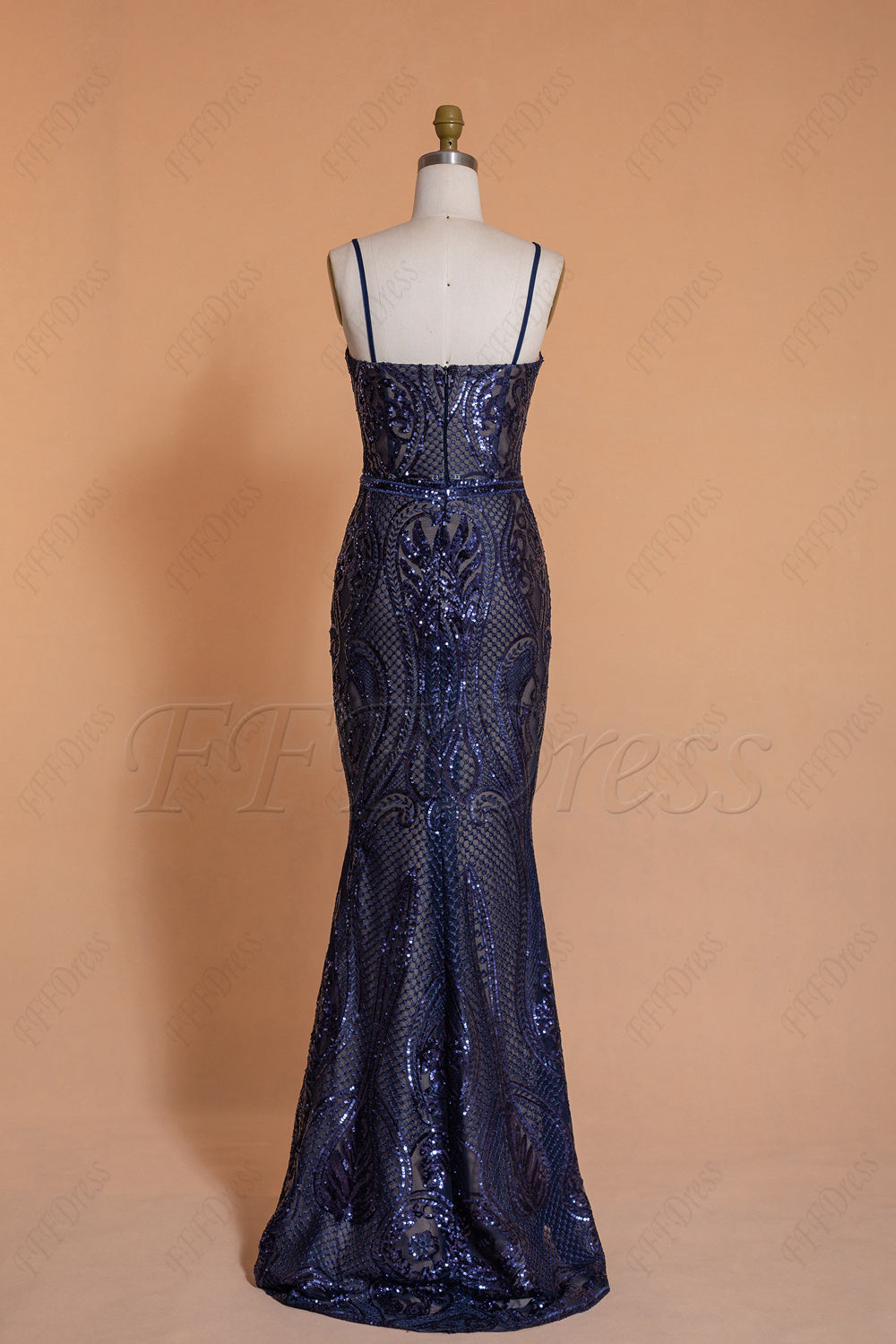 Mermaid navy blue sparkly long prom dress spaghetti straps