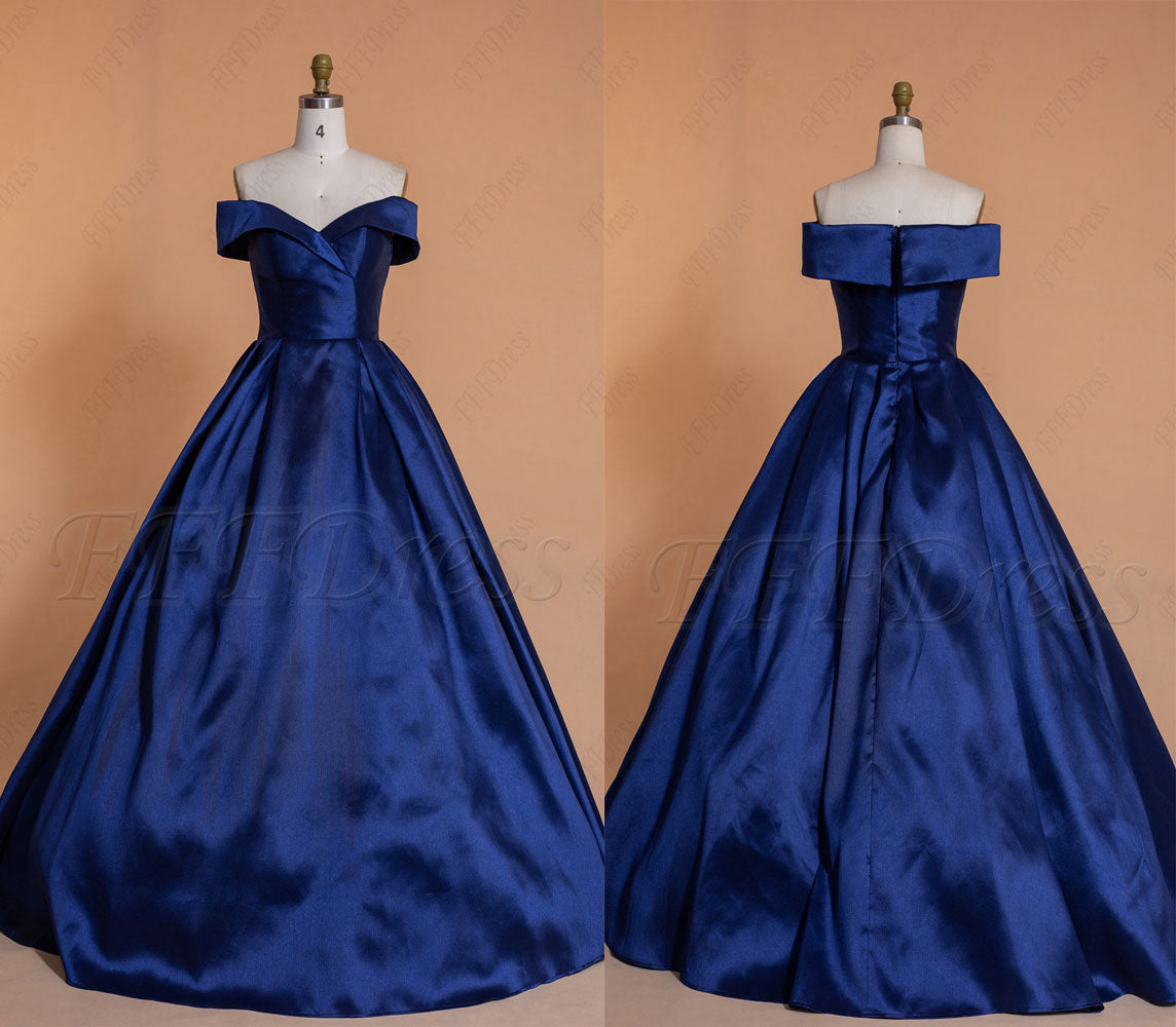 Navy blue vintage off the shoulder prom dresses ball gown with pockets