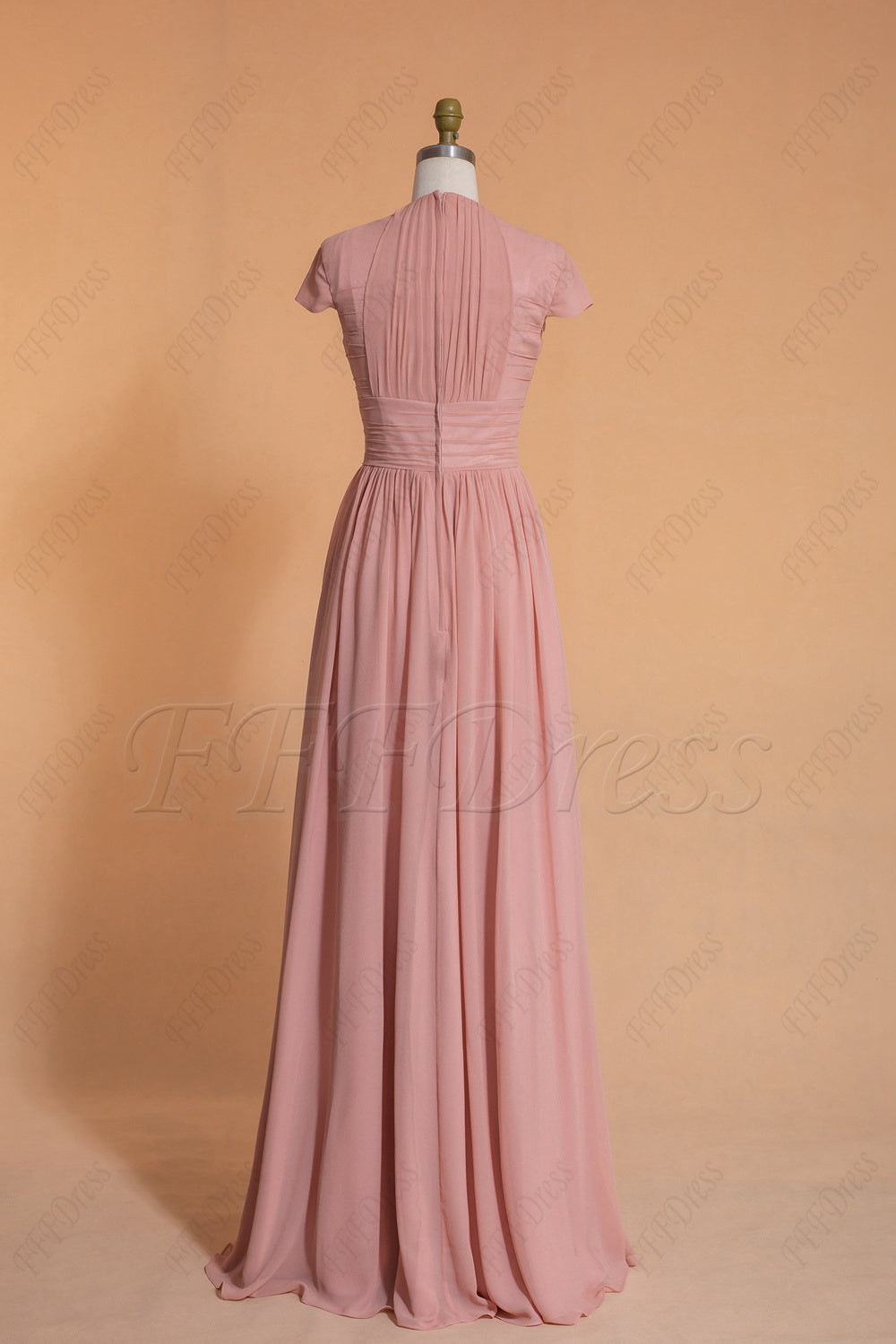 Blush rose modest bridesmaid dresses long with cap sleeves
