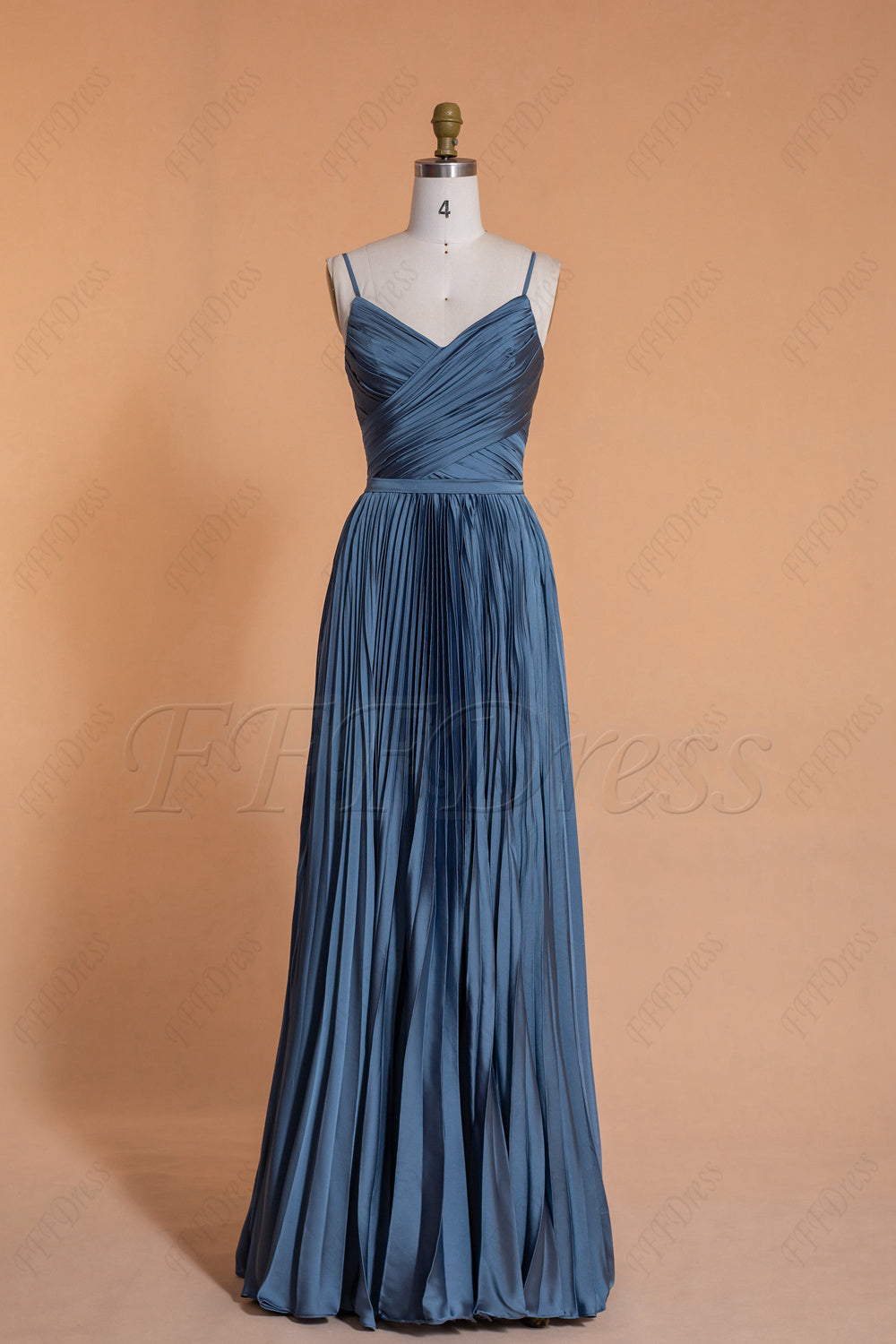 Dusty blue Satin bridesmaid dresses spaghetti straps long