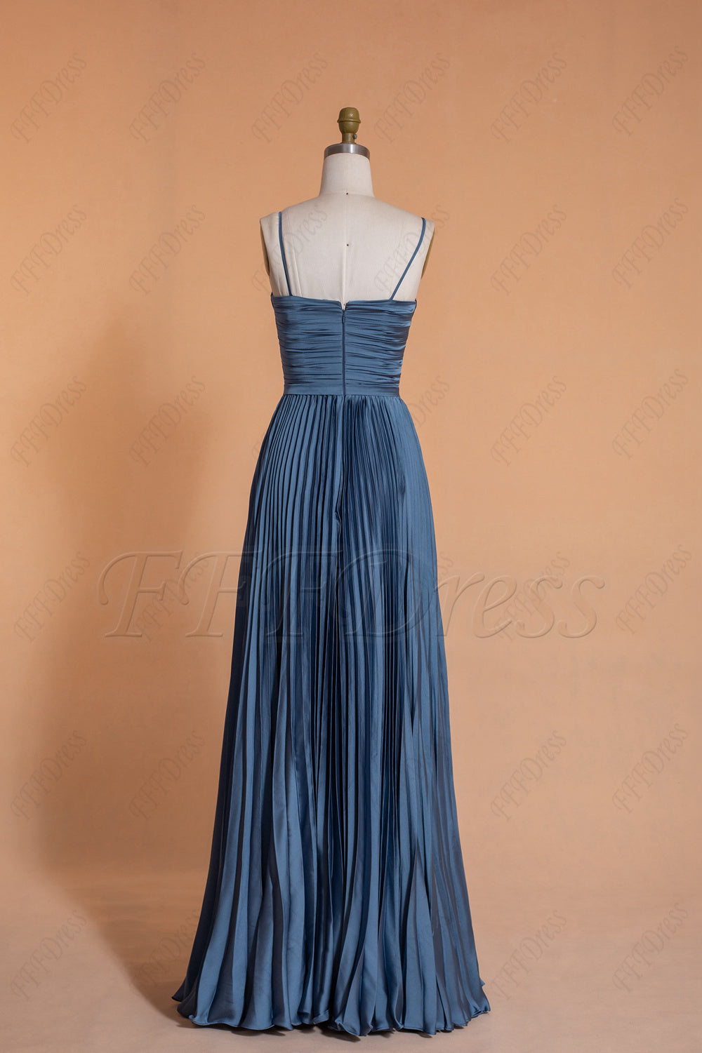 Dusty blue Satin bridesmaid dresses spaghetti straps long