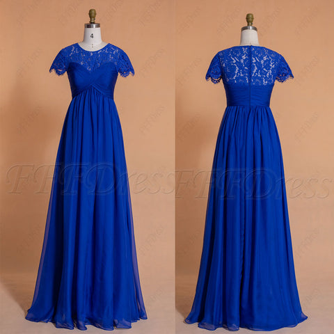 Sapphire blue modest Maternity bridesmaid dresses Cap Sleeves