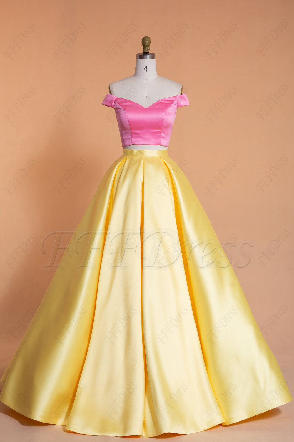 Two Piece Yellow Pink Prom Dresses Long Off the Shoulder