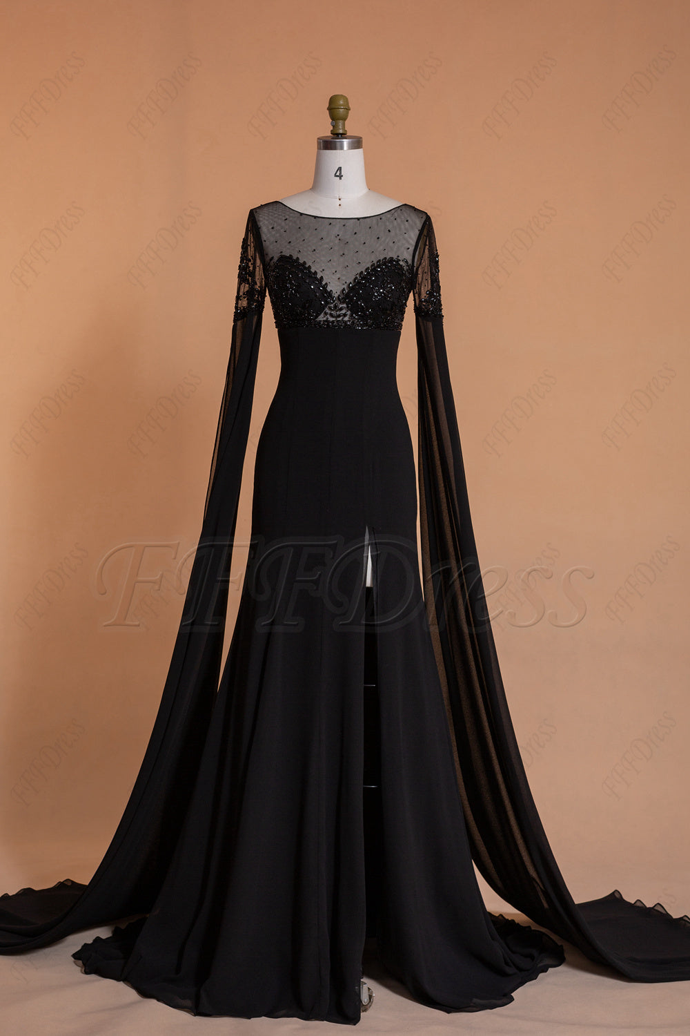 Beaded black Slitted prom dresses long with sleeves