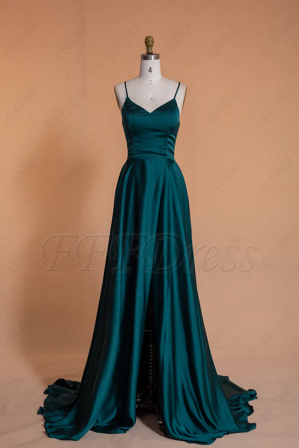 Dark green backless long prom dresses with slit