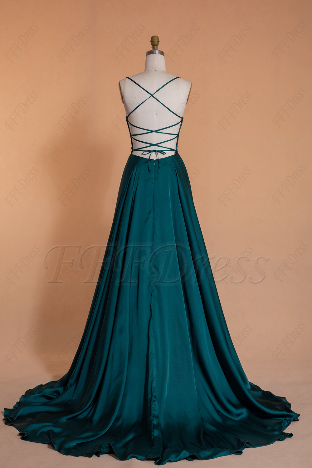 Dark green backless long prom dresses with slit