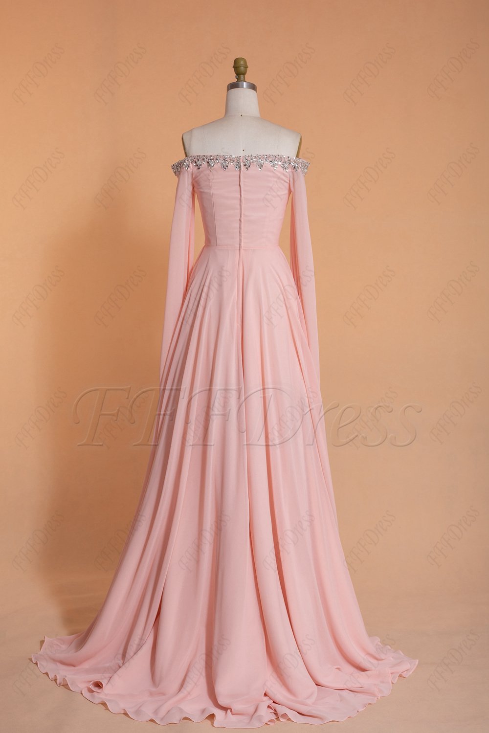 Crystals Beaded pink long prom dress long sleeves with train