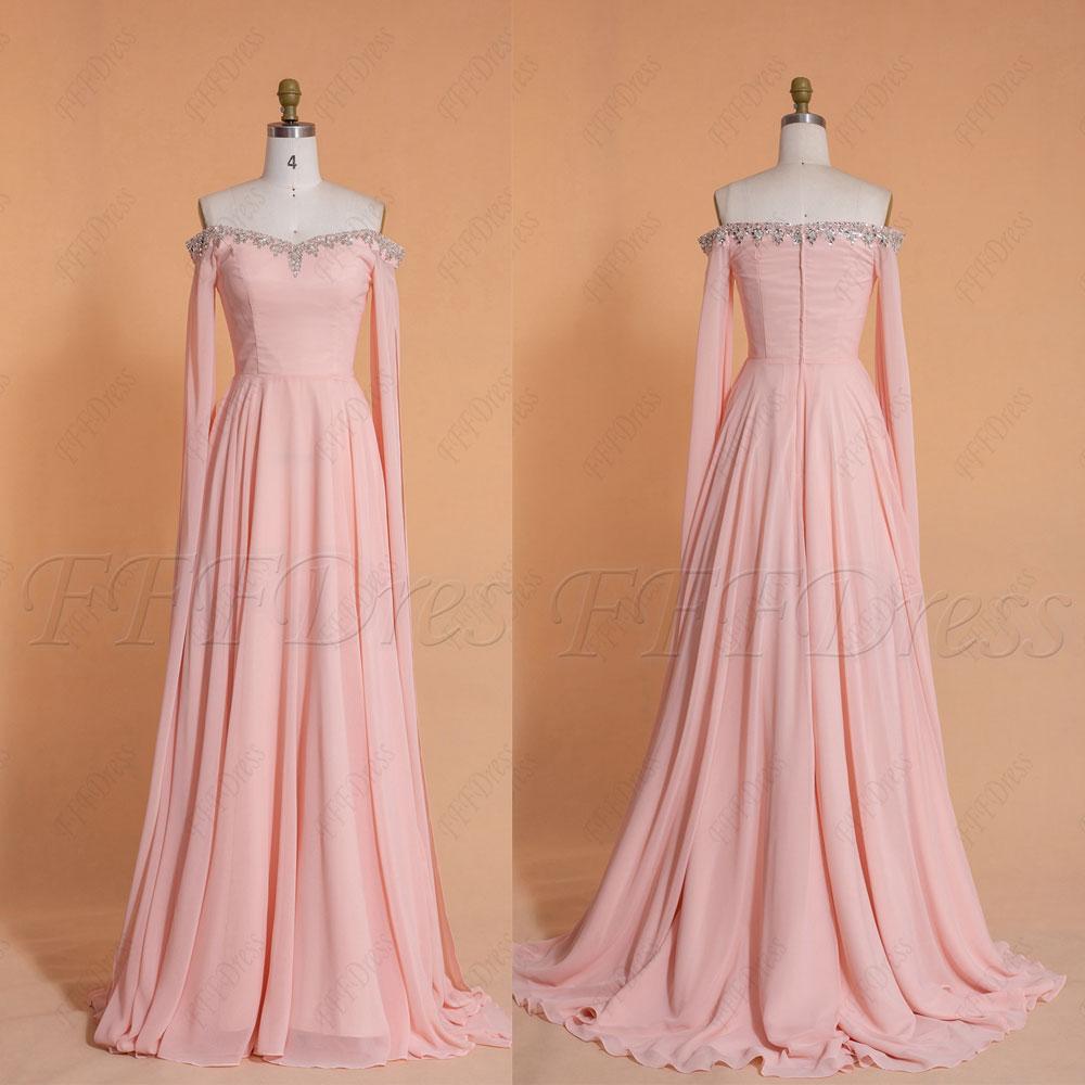 Crystals Beaded pink long prom dress long sleeves with train