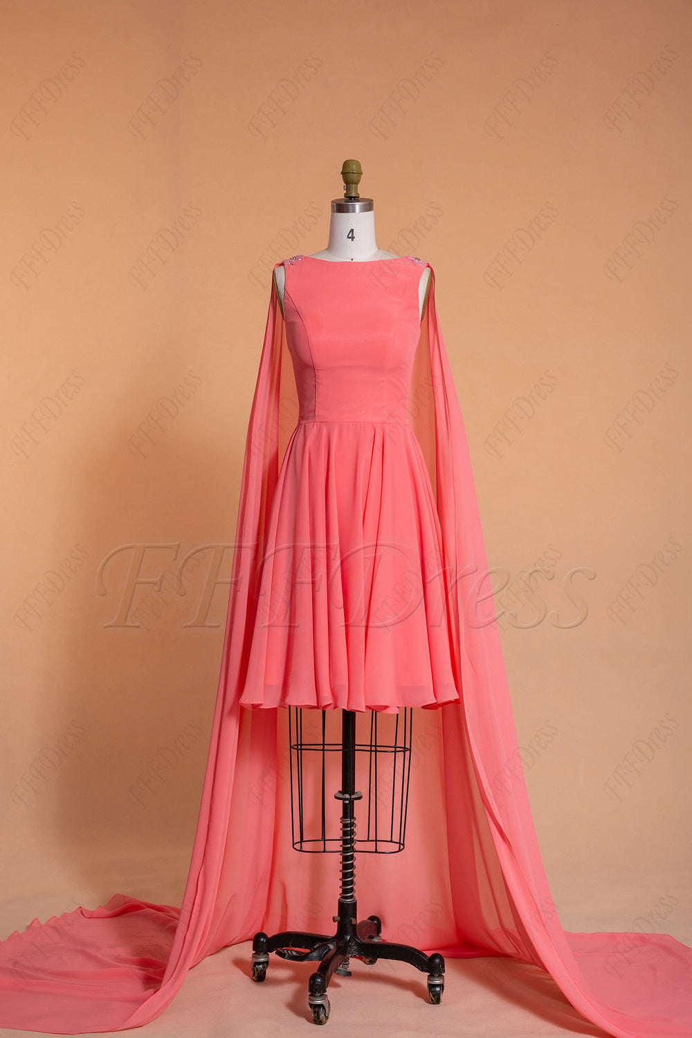 Coral Short Prom Dresses with Long Train Homecoming Dresses