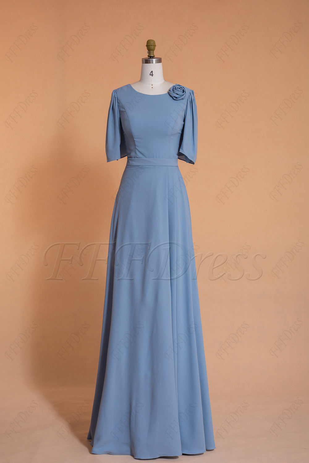 Modest Dusty Blue Bridesmaid Dresses Elbow Sleeves