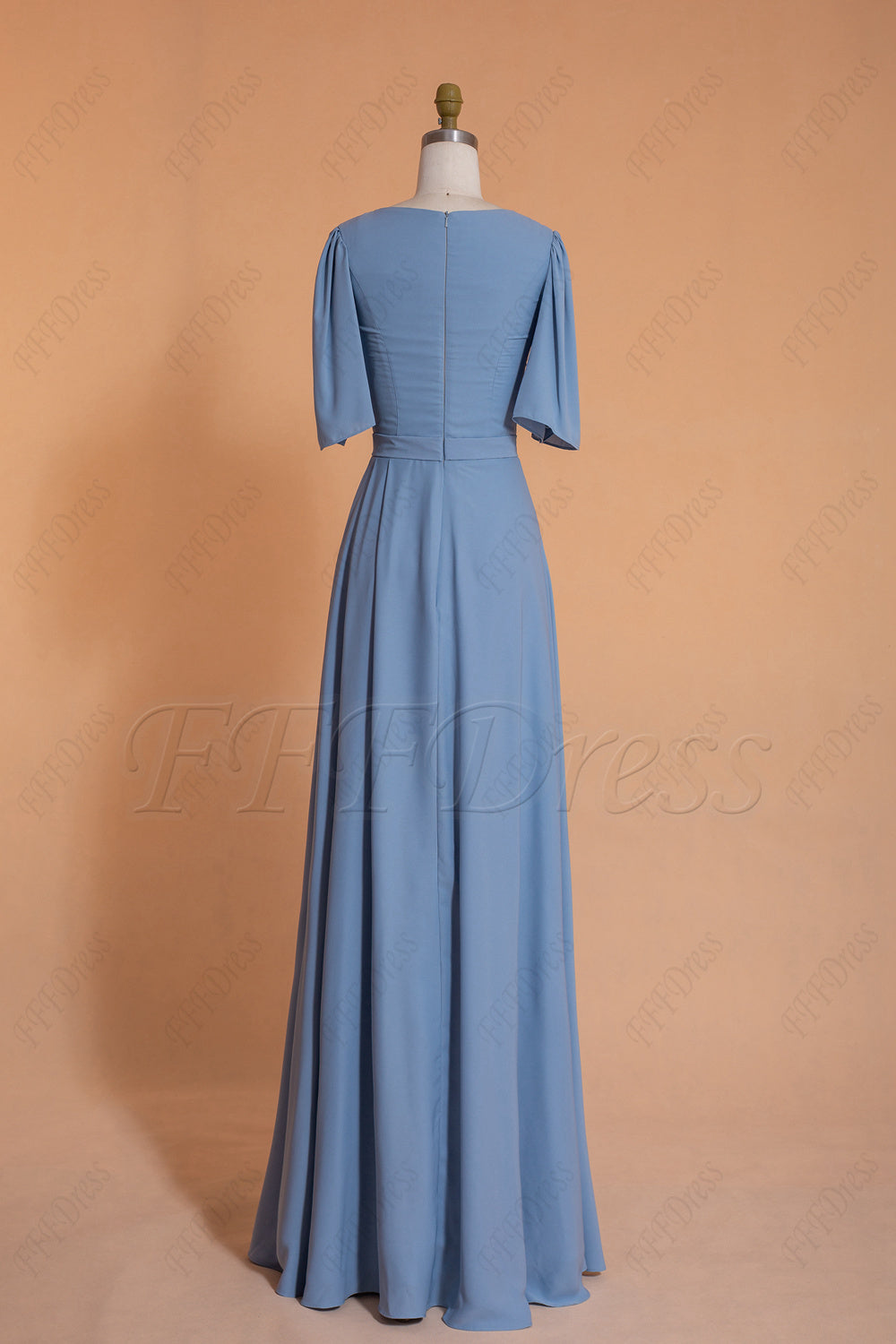 Modest Dusty Blue Bridesmaid Dresses Elbow Sleeves