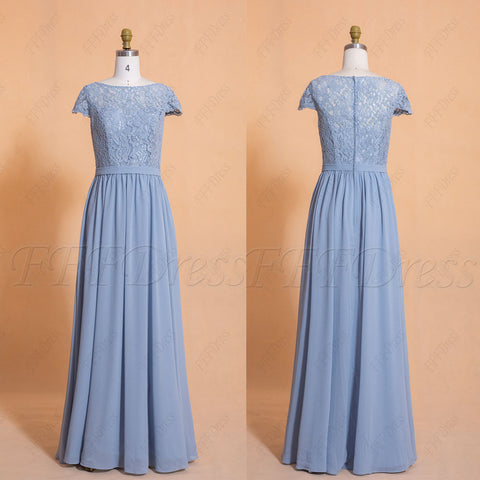 Dusty Blue Modest Bridesmaid Dresses Cap Sleeves