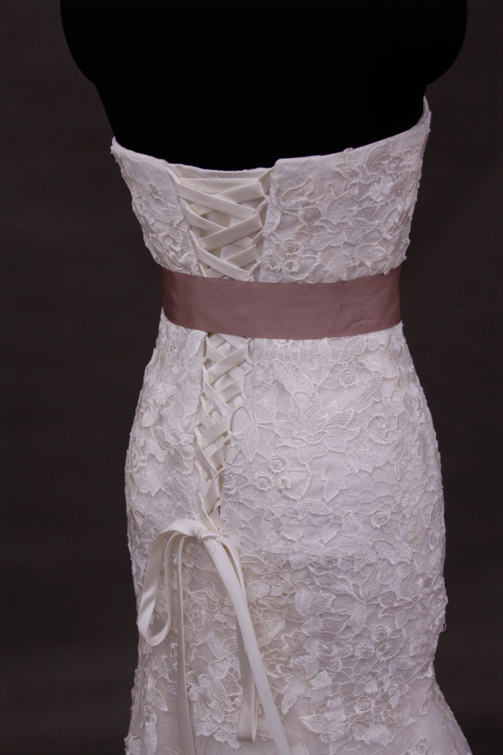 Lace mermaid wedding dresses with dusty rose sash