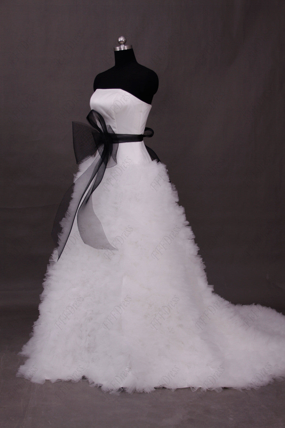 Black and white ruffled  ball gown wedding dresses with sash